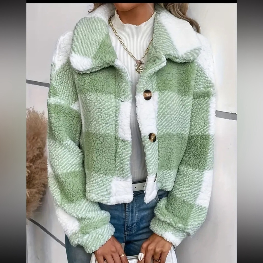Cropped Teddy Fleece Jacket Green White Plaid Women's XXL 14 NWT - Picture 2 of 6